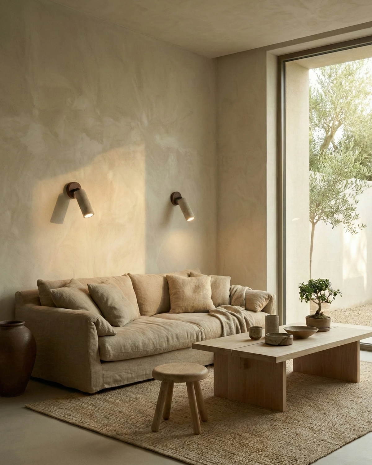 Two stone-effect wall sconces MANTOVA No.01 lit above a cream sofa and low coffee table beside a window