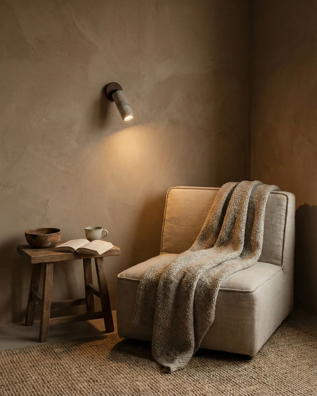 Stone-effect wall sconce MANTOVA No.01 angled down over a beige armchair with a throw and a wooden stool