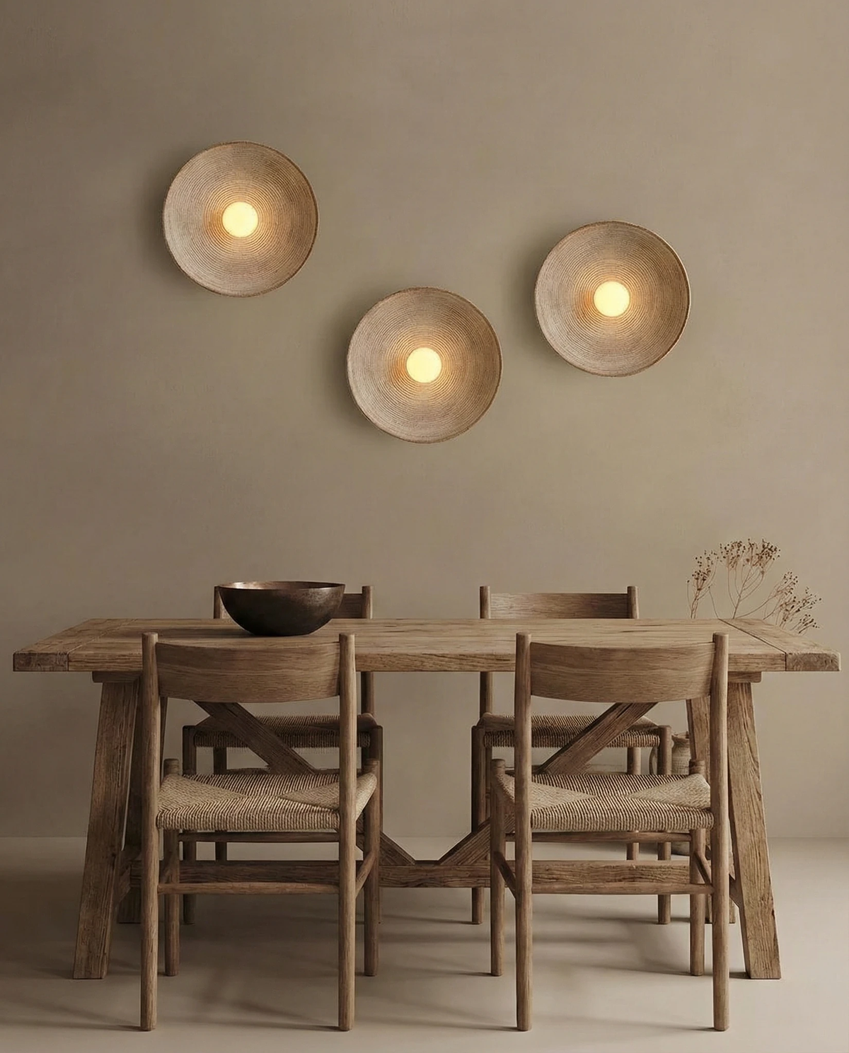 Stone-look wall sconce ECCO No.01, three units lit on the wall above a wooden dining table and chairs