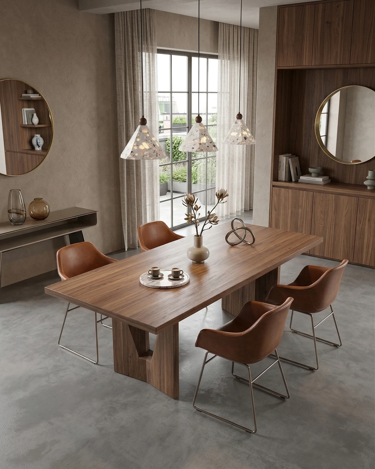 Two terrazzo pendant lights MOLO No.01 lit above a wooden dining table with leather chairs and a round mirror