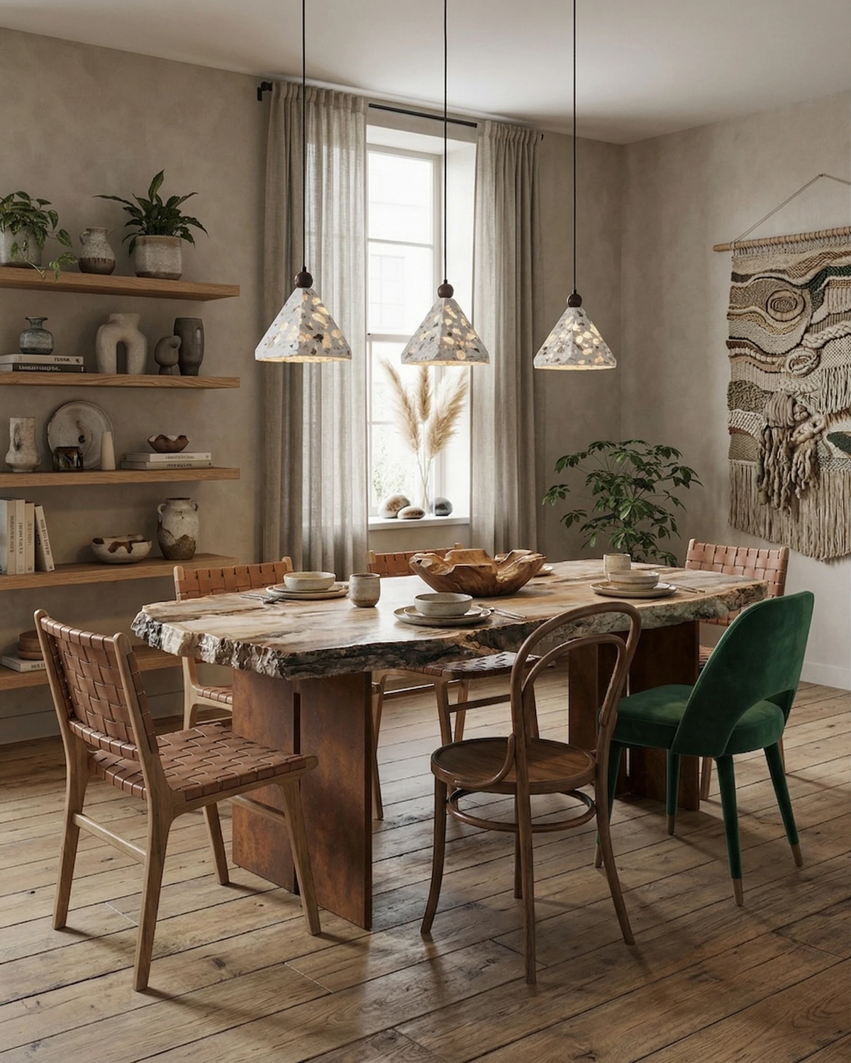 Three terrazzo pendant lights MOLO No.01 lit over a live-edge wooden dining table with mixed chairs