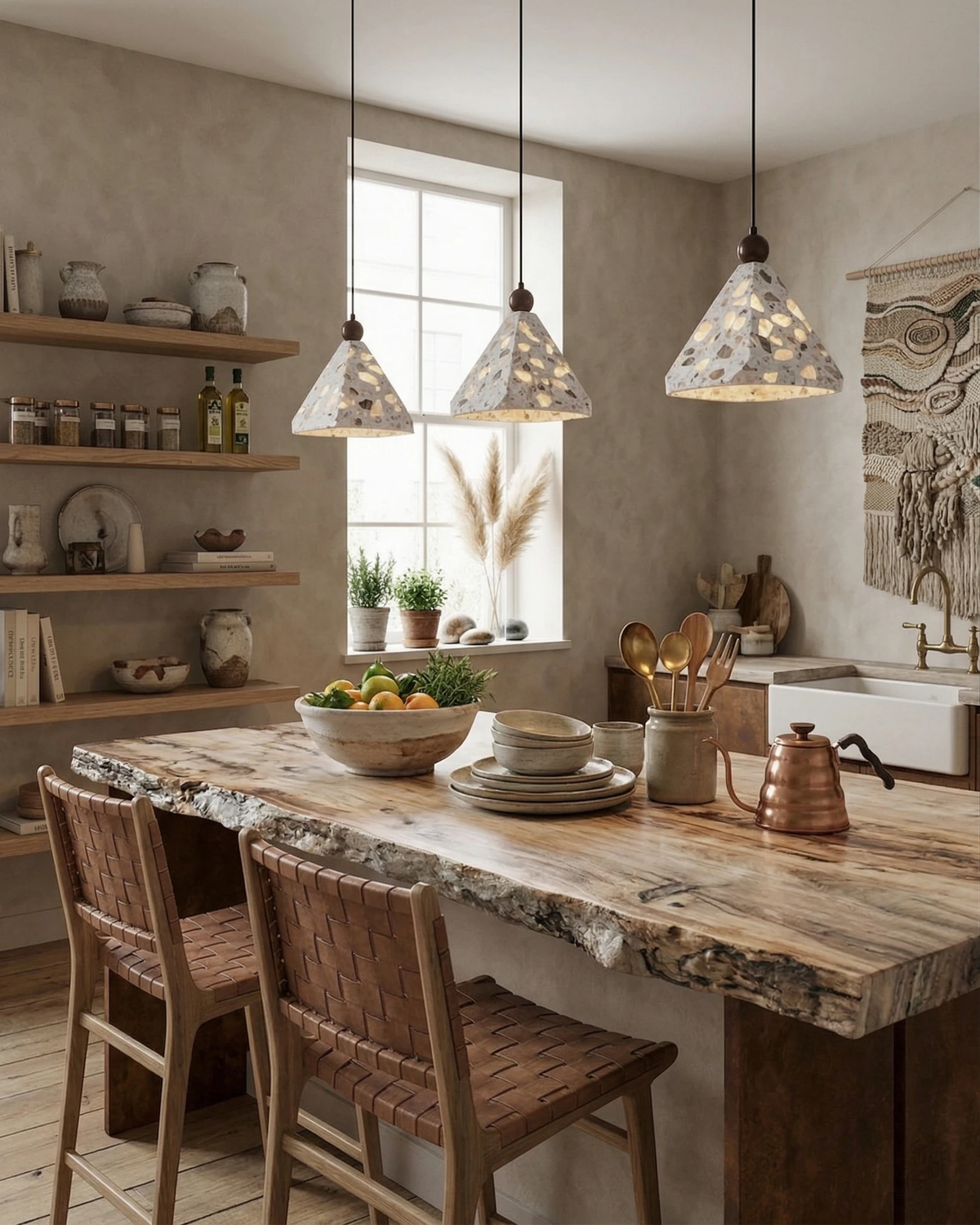Linear trio of terrazzo pendant lights MOLO No.01 lit above a live-edge dining table by a window