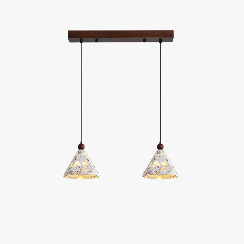 Double terrazzo pendant light MOLO No.01, two cones on a walnut bar canopy, unlit on a white background