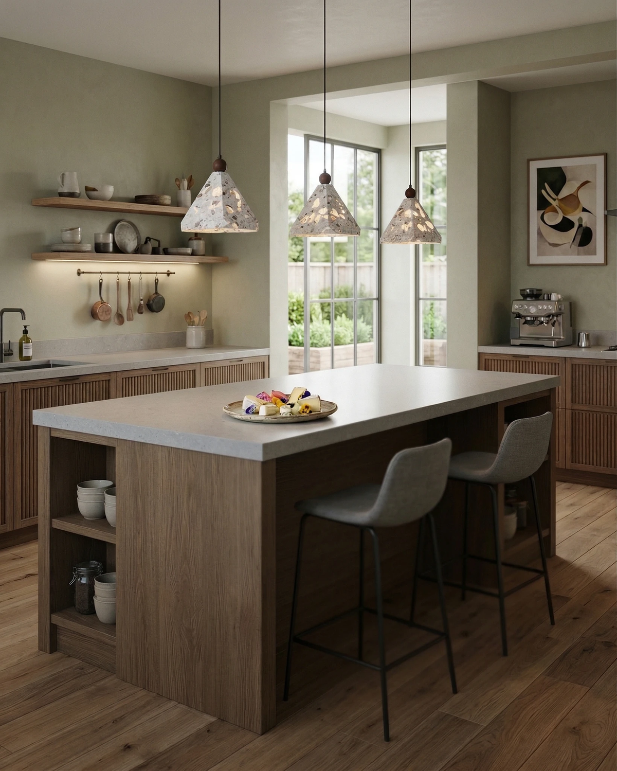 Three terrazzo pendant lights MOLO No.01 lit over a kitchen island with bar stools and open shelves
