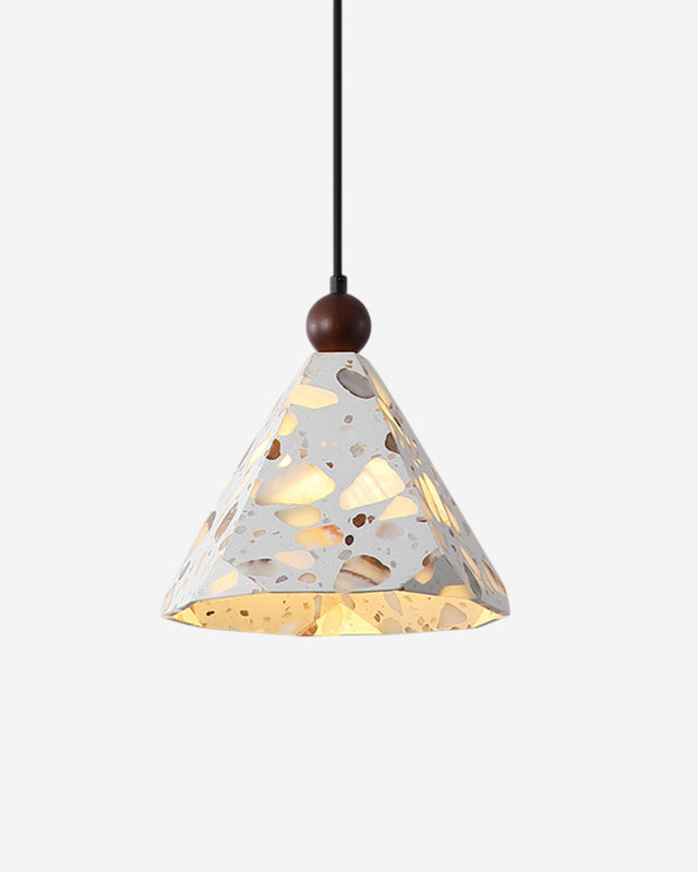 Terrazzo pendant light MOLO No.01 solo, grey terrazzo cone with walnut bead, switched on, white background