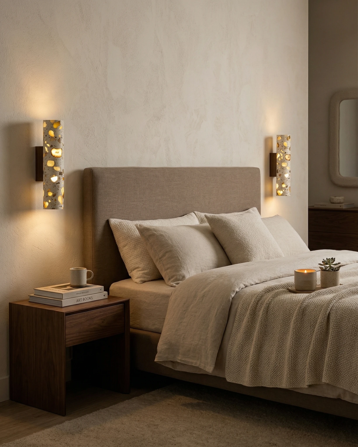 Two terrazzo wall sconces INCA No.02 lit on either side of a bed with a gray headboard and wood nightstands