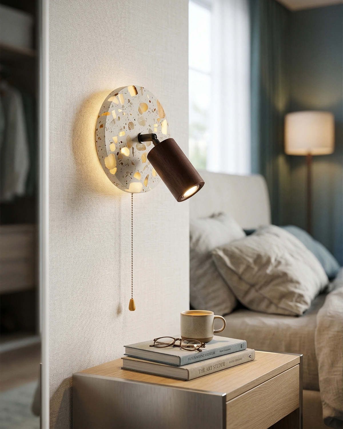 Terrazzo wall sconce PIETRA No.08 with a walnut spotlight lit beside a bed above a nightstand with books and a mug