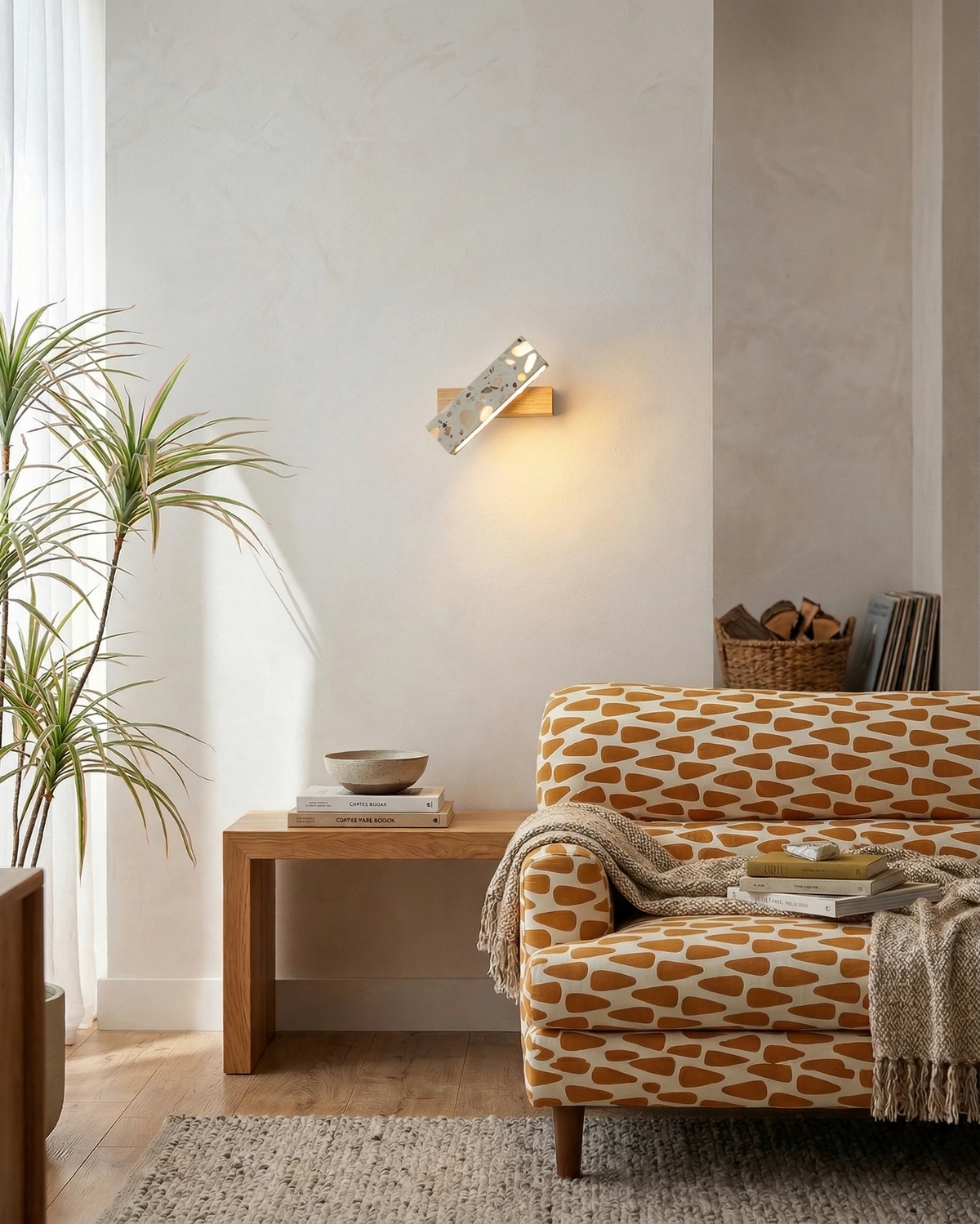 Terrazzo wall sconce PIETRA No.07 lit on a white wall above a wood table near a patterned armchair and plant