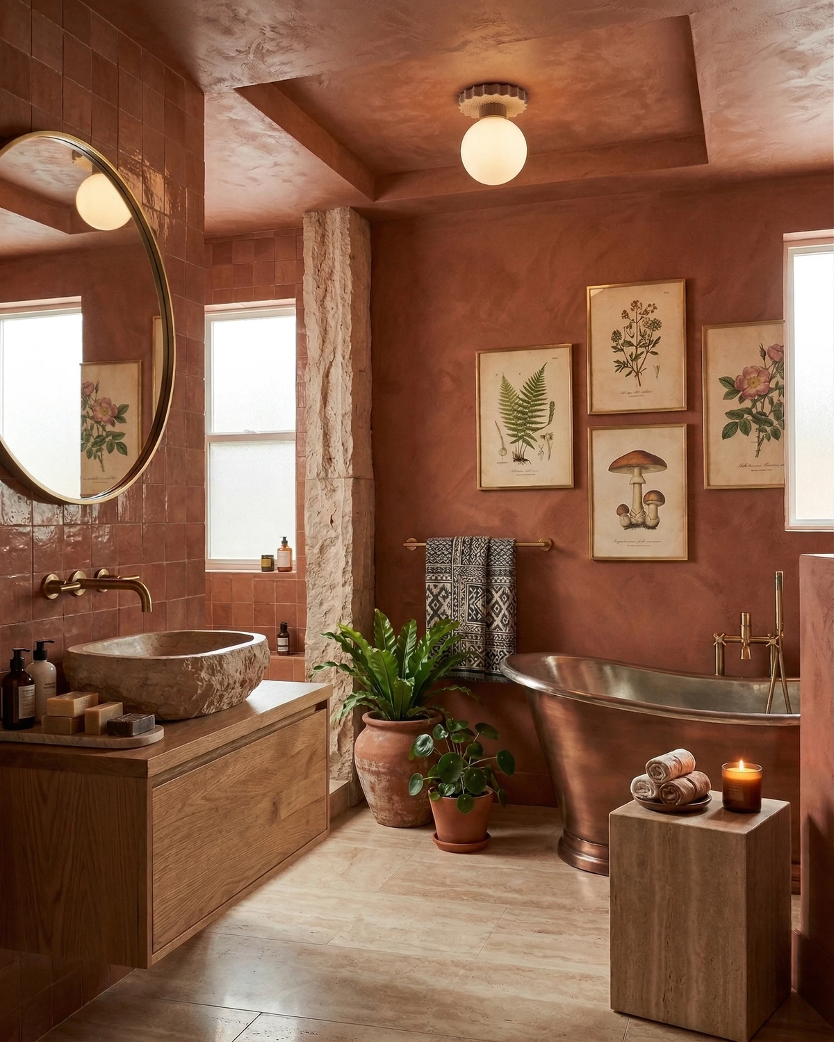 Travertine flush mount ceiling light LUNA No.07 lit in a terracotta bathroom with a copper tub, vanity and botanical prints