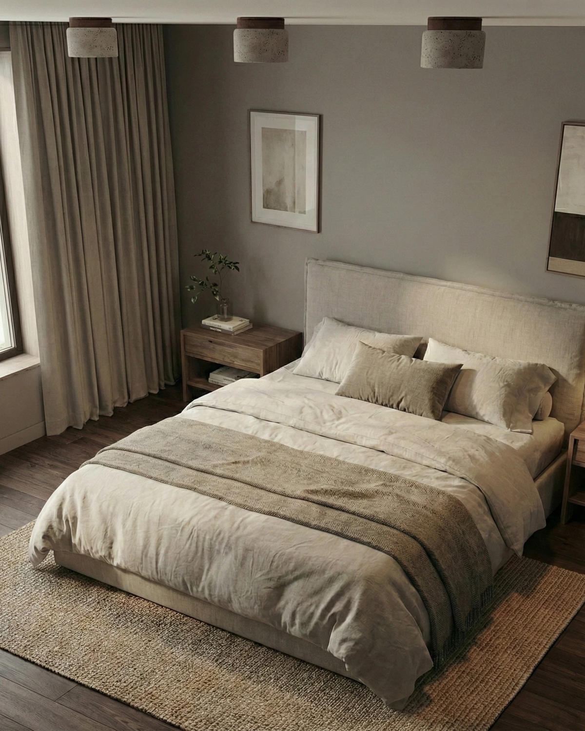 Three cream travertine flush mount ceiling lights VERTIN No.05 in a row above a bed with layered linen bedding