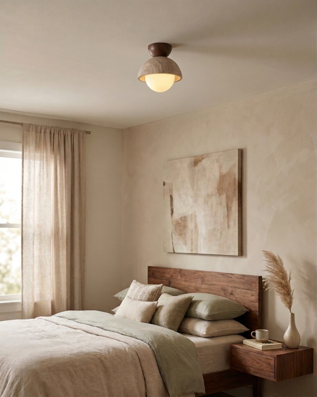 Travertine flush mount ceiling light LUNA No.06 switched on above a bed with a walnut headboard in a plaster bedroom