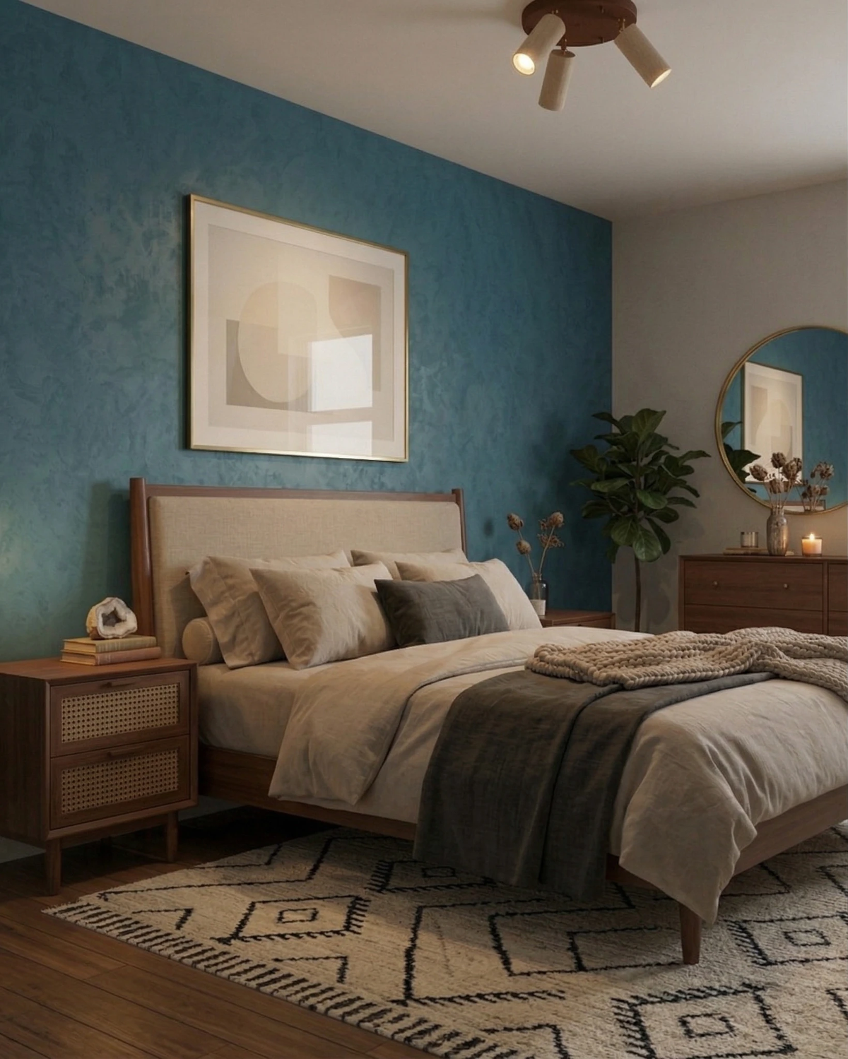 Travertine flush mount ceiling light RAGGI No.02 walnut disc on the ceiling of a bedroom with a teal accent wall