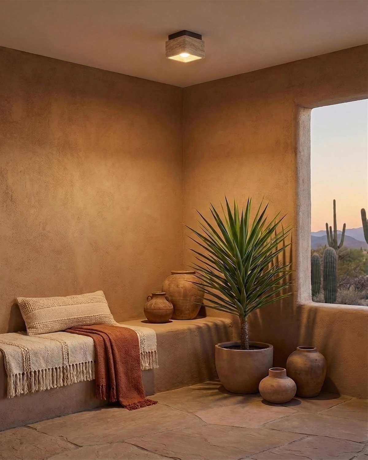 Travertine flush mount ceiling light CARSO No.01 lit on the ceiling of a plaster room with a built-in bench and plants