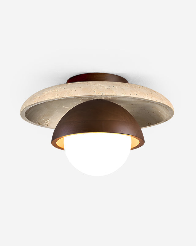 Travertine flush mount ceiling light LUNA No.03 in Cream Travertine and Walnut, stone disc, walnut dome and opal globe