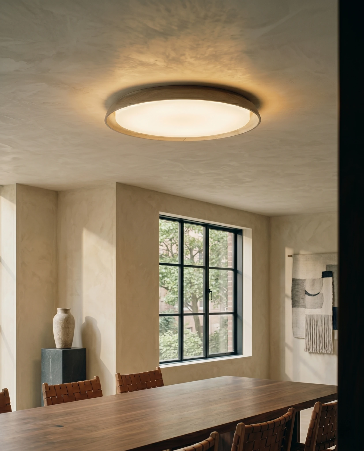 Travertine flush mount ceiling light LUNA No.01 lit above a long wooden dining table with steel framed windows