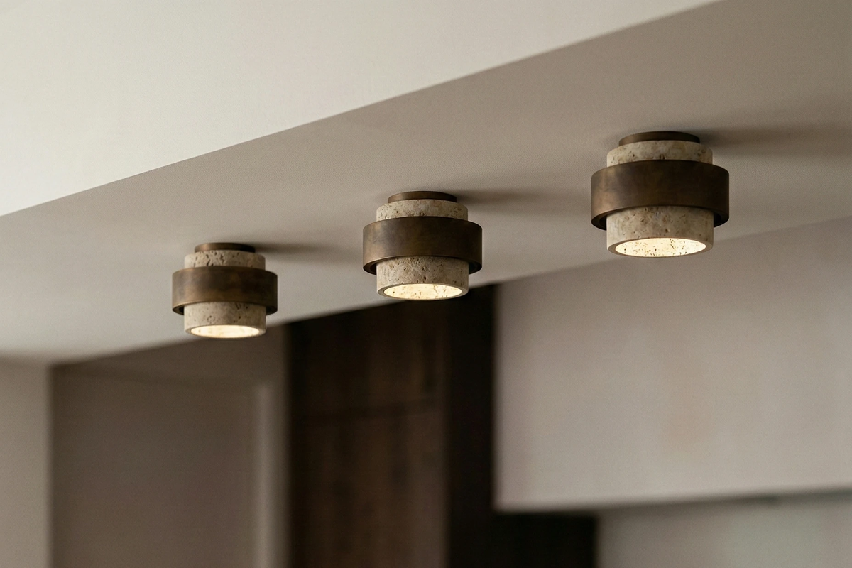 Travertine flush mount ceiling light DOMUS No.01, three units in a row switched on along a ceiling beside a dark wood wall