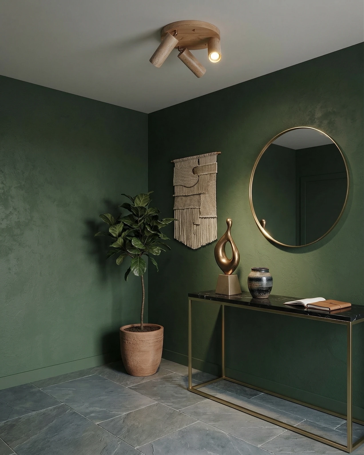 Travertine flush mount ceiling light RAGGI No.02 switched on in a green entryway with a round mirror and brass console