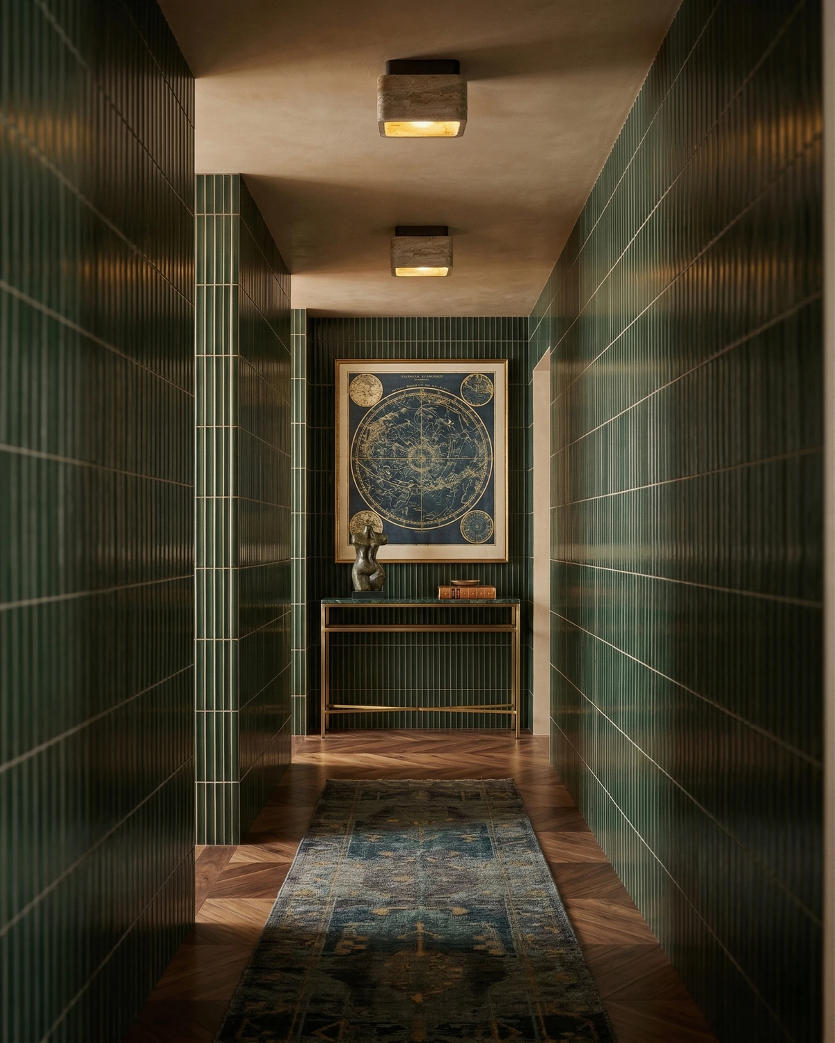Travertine flush mount ceiling light CARSO No.01 lit on the ceiling of a green tiled hallway with a framed print