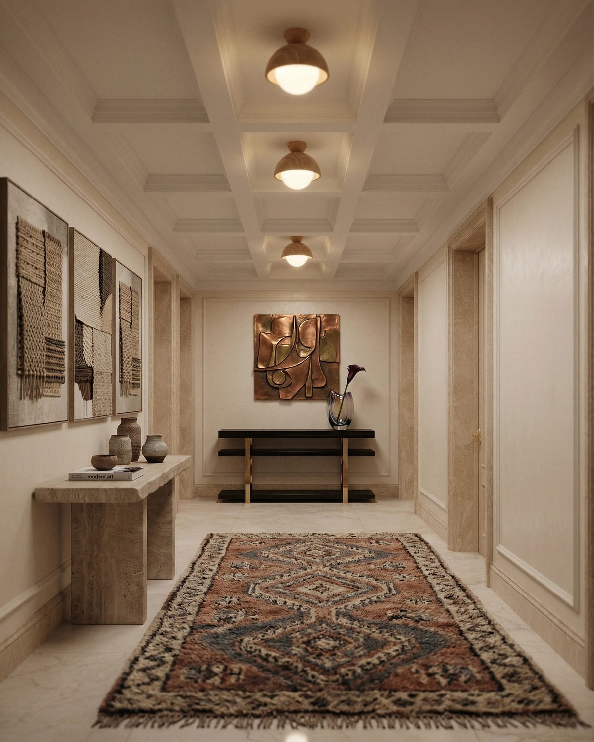 Three travertine flush mount ceiling lights LUNA No.06 lit along a coffered hallway ceiling with a patterned runner