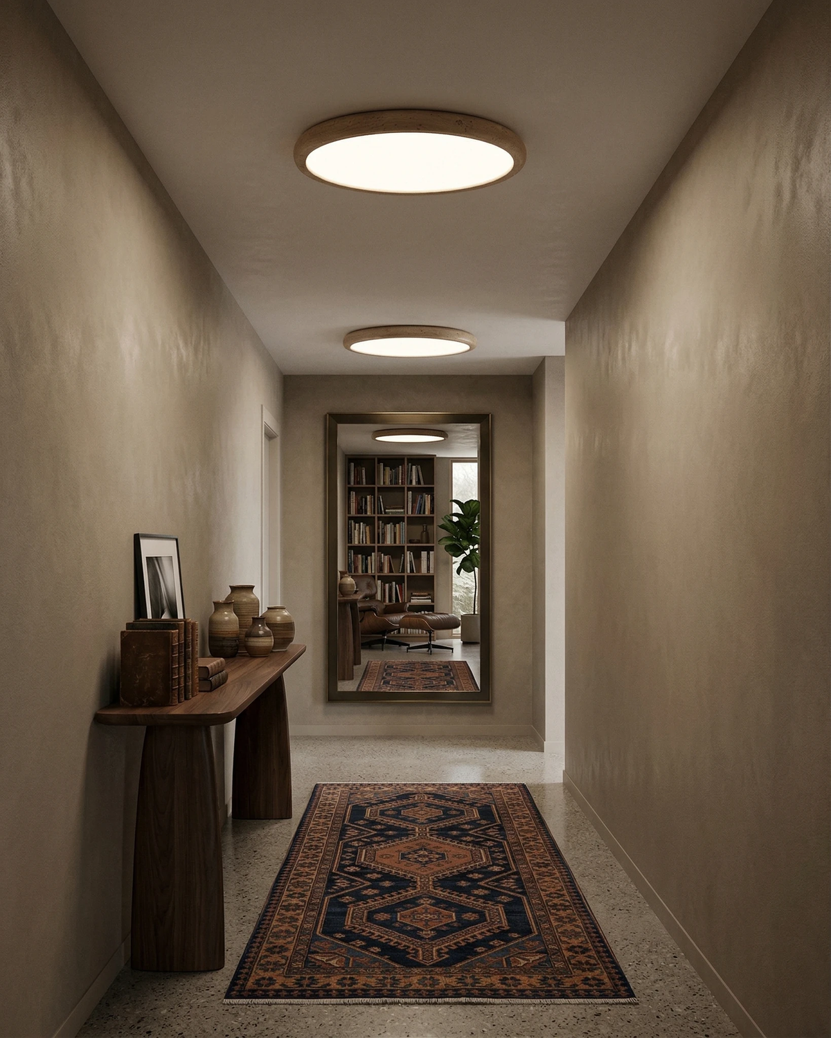 Travertine flush mount ceiling light LUNA No.05, two units lit along a hallway ceiling with a console and runner
