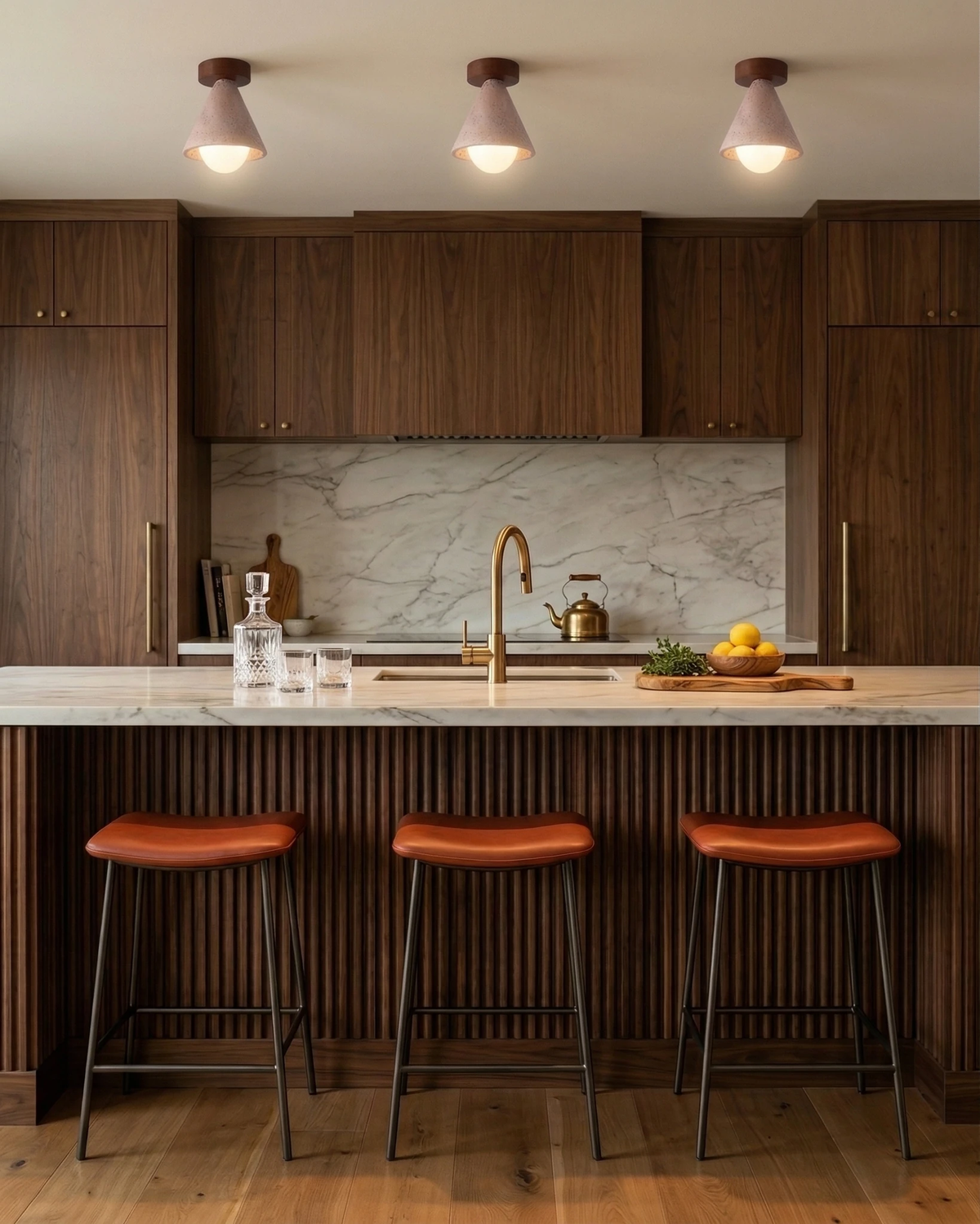 Three travertine flush mount ceiling lights CIPRO No.01 lit above a kitchen island with leather stools