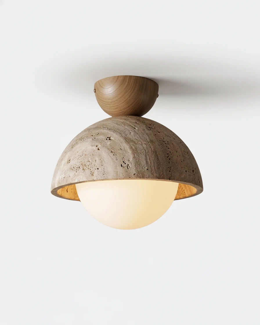 Travertine flush mount ceiling light LUNA No.06, 6 in travertine dome with a Light Oak canopy and lit opal globe