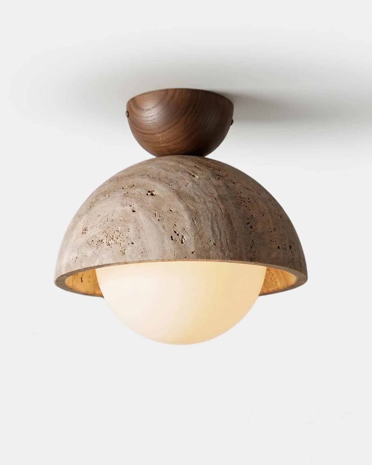 Travertine flush mount ceiling light LUNA No.06, 9 in dome with a Dark Walnut canopy and switched-on opal glass globe