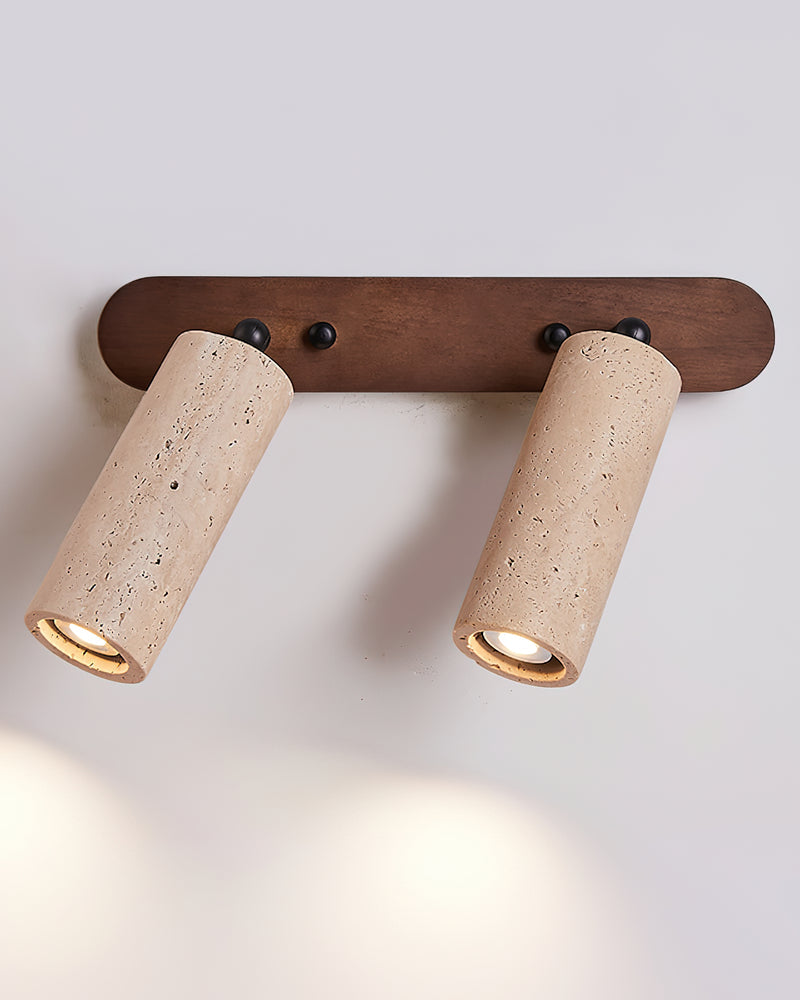 Travertine flush mount ceiling light PIETRA No.01 double head, two travertine spots on a walnut bar, lit