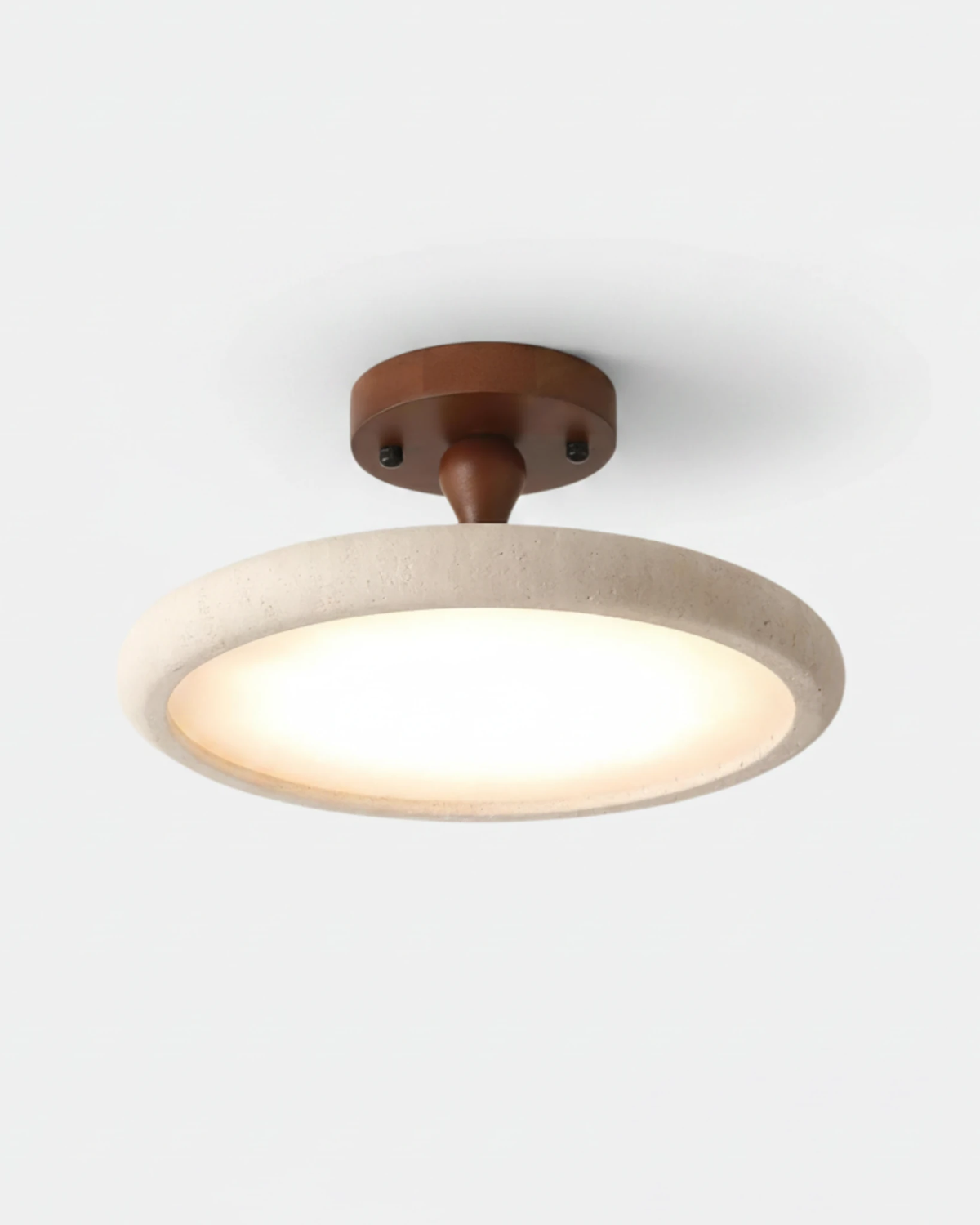 Travertine flush mount ceiling light LUNA No.02 Medium 40 cm seen from below, lit disc under a walnut hub