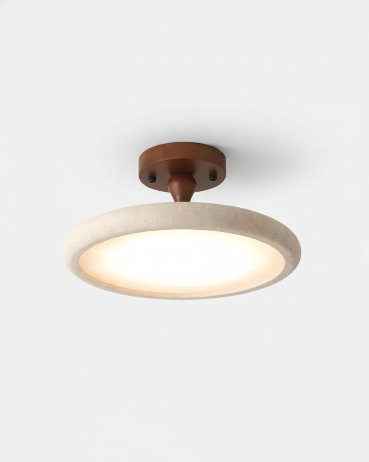 Travertine flush mount ceiling light LUNA No.02 Small 30 cm, stone disc on a walnut stem switched on