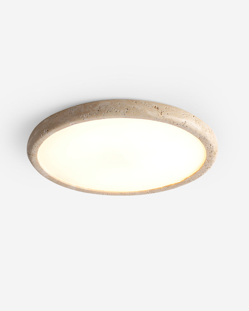 Travertine flush mount ceiling light LUNA No.05, small size, cream travertine rim with the diffuser lit