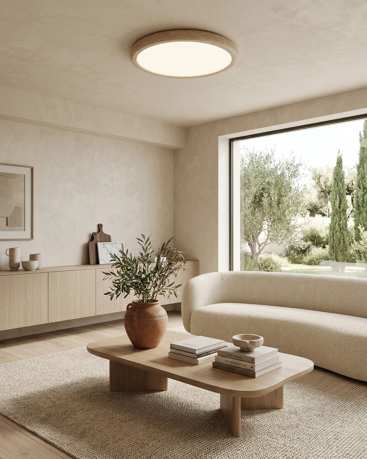 Travertine flush mount ceiling light LUNA No.05 lit on the ceiling of a living room with a curved sofa