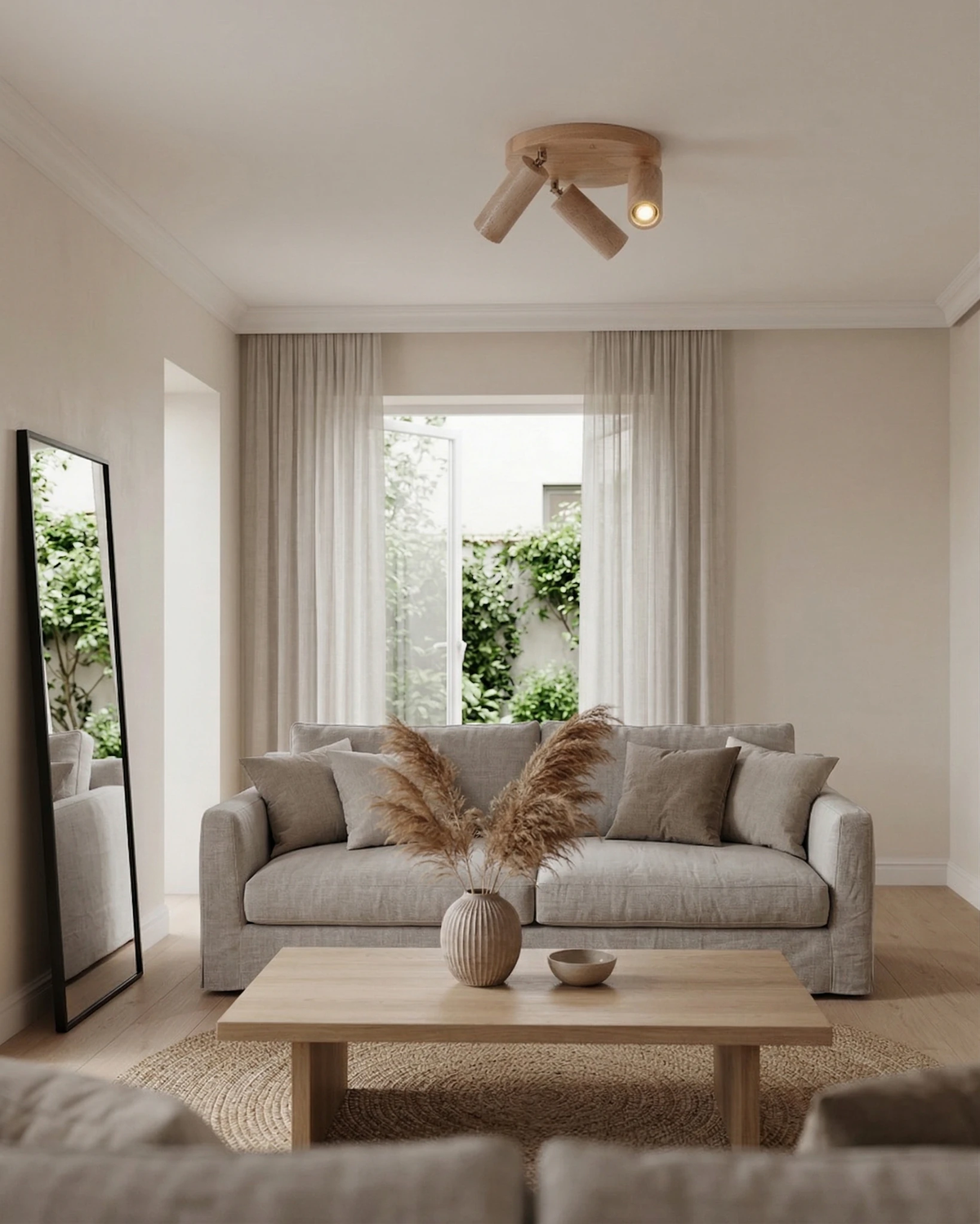 Travertine flush mount ceiling light RAGGI No.02 in natural wood lit above a gray sofa and sheer curtains