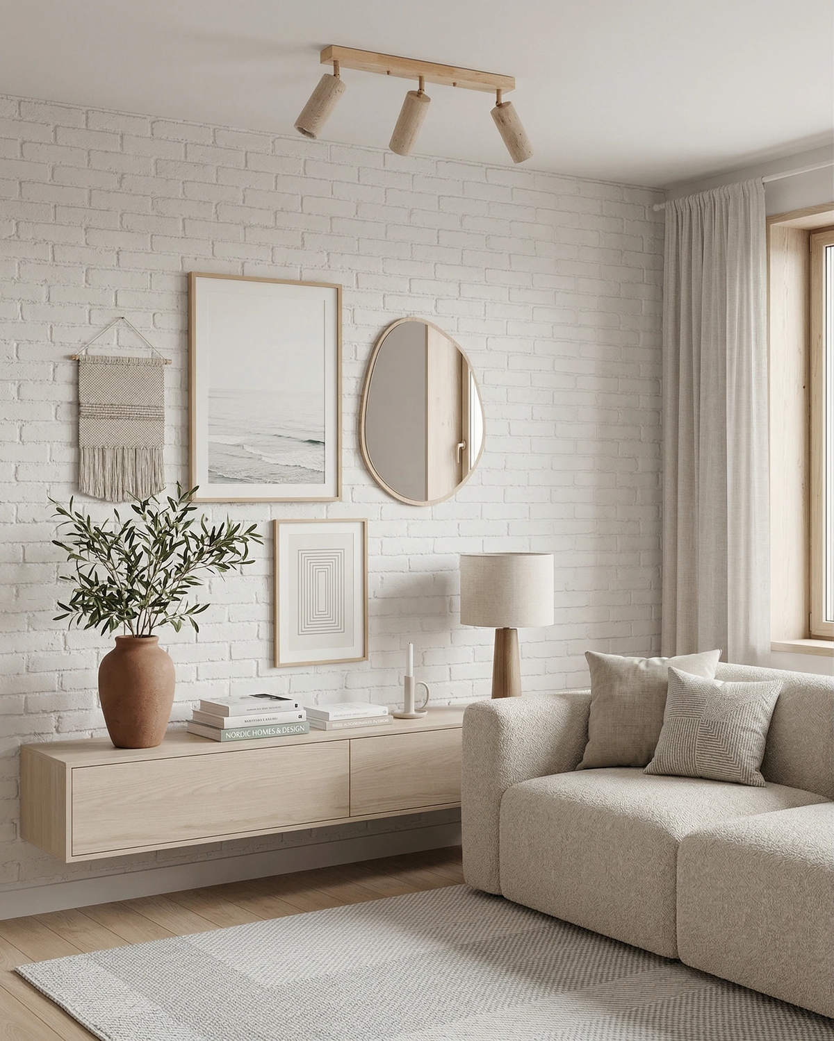 Travertine flush mount ceiling light PIETRA No.04, natural wood triple bar in a living room with a white brick wall