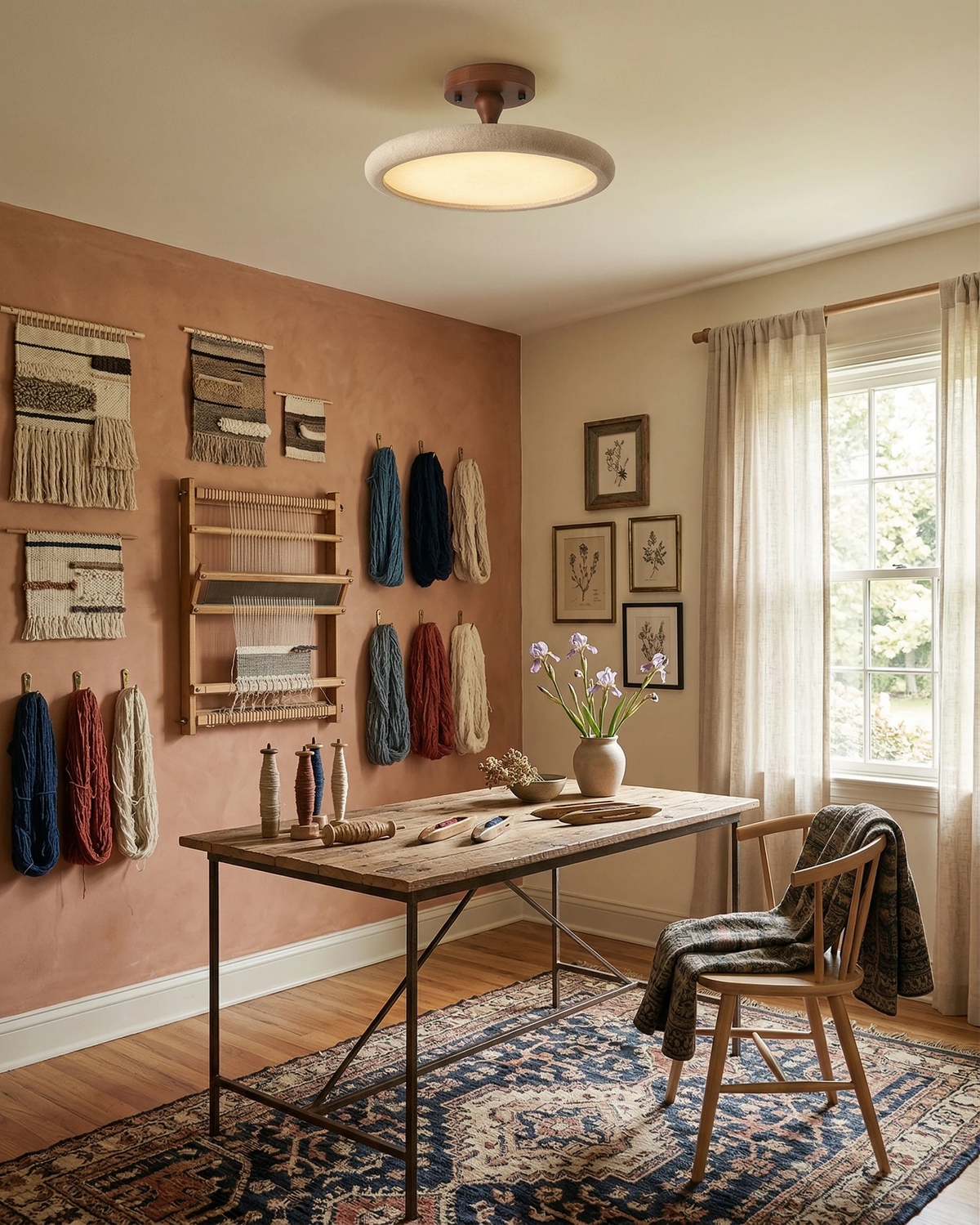 Travertine flush mount ceiling light LUNA No.02 lit in a craft studio with a work table and yarn on a terracotta wall