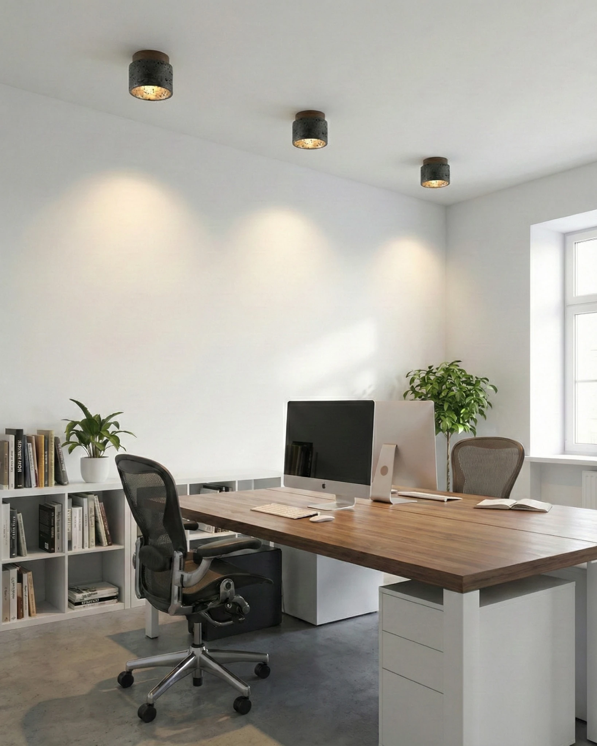 Travertine flush mount ceiling light VERTIN No.05 in black, three units switched on over a walnut desk in a home office