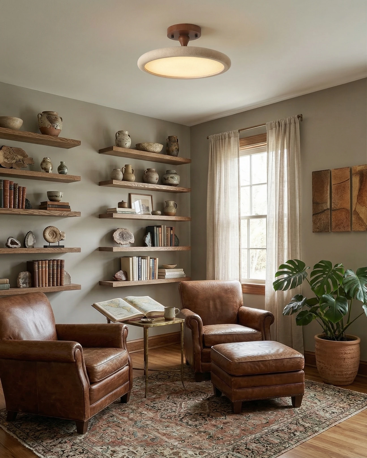 Travertine flush mount ceiling light LUNA No.02 lit above two leather club chairs and shelves of books and pottery