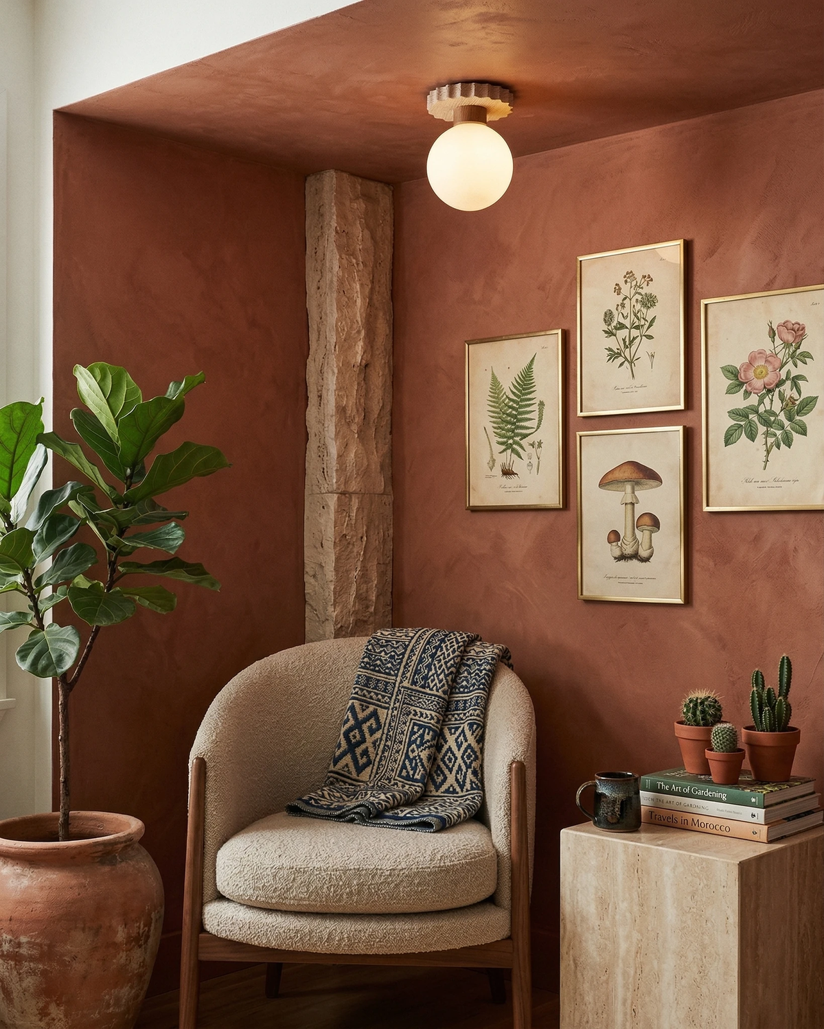 Travertine flush mount ceiling light LUNA No.07 lit above a boucle armchair in a terracotta corner with framed prints