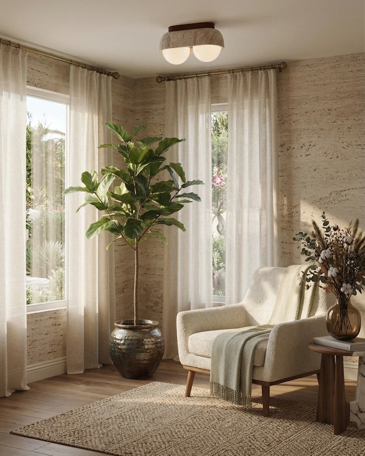 Travertine flush mount ceiling light PIETRA No.03 two-globe lit above a cream armchair and a fiddle-leaf fig by the window