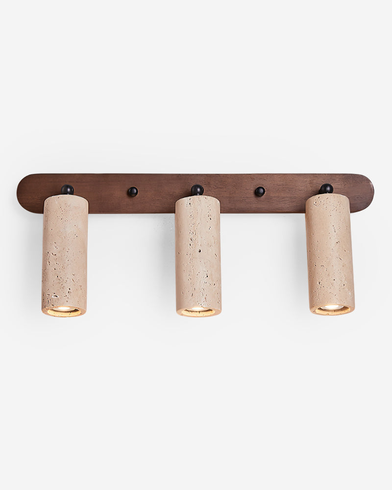 Travertine flush mount ceiling light PIETRA No.01 triple head, three travertine cylinders on a walnut bar, unlit