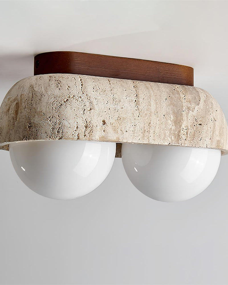 Travertine flush mount ceiling light PIETRA No.03 Two-Globe in Walnut, two opal globes under a stone bar, unlit