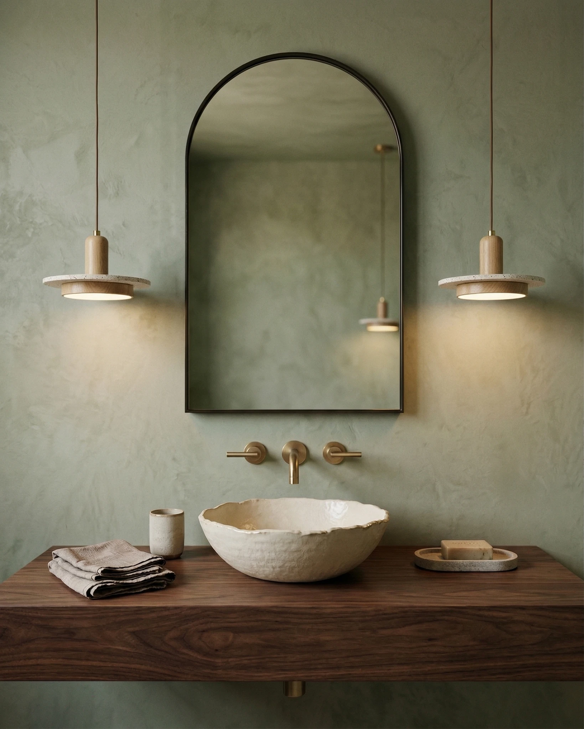 Two travertine pendant lights SOVA No.02 lit either side of an arched mirror above a walnut vanity with a stone basin
