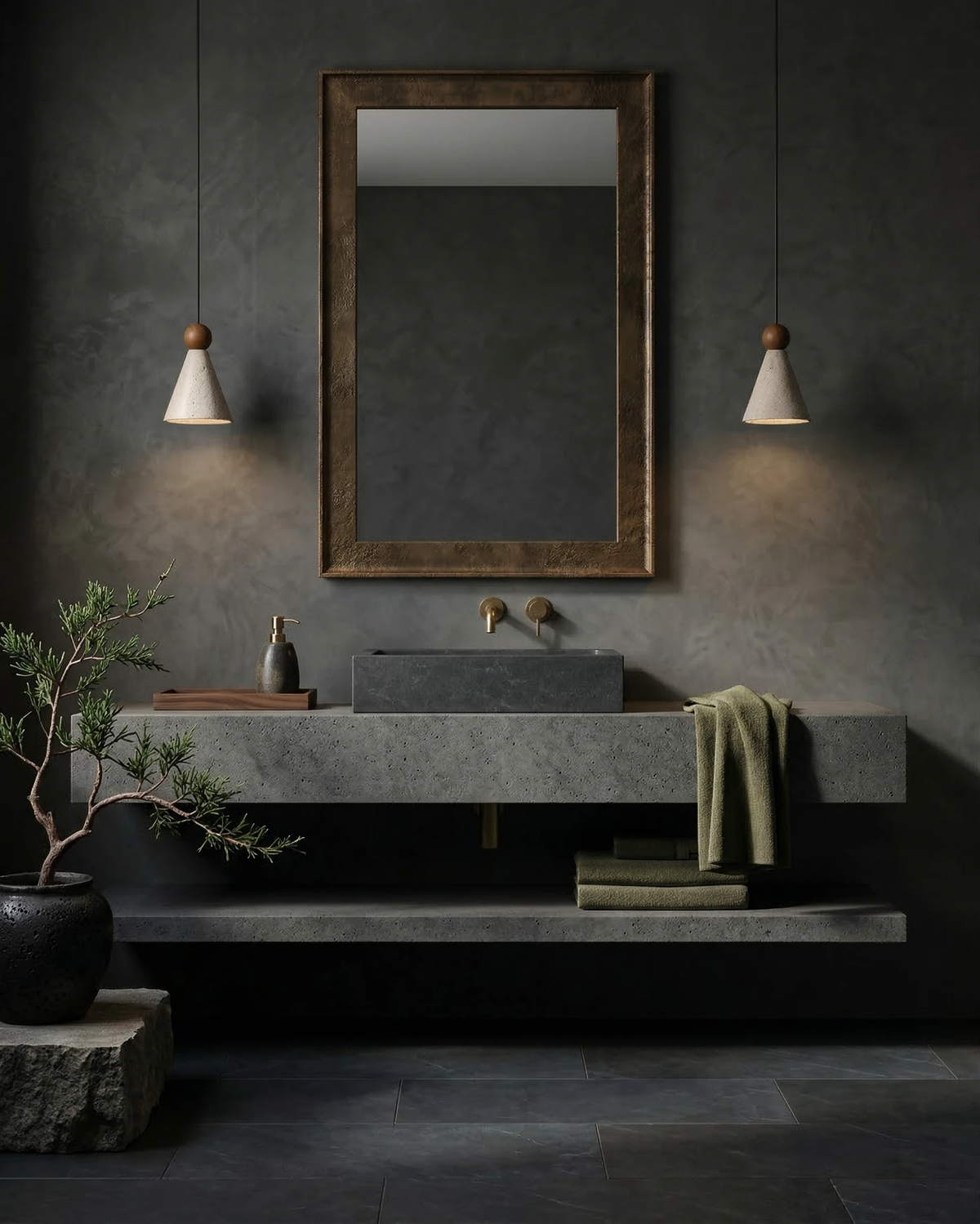 Two travertine pendant lights PIRA No.01 lit flanking a wood-framed mirror above a concrete vanity in a dark bathroom