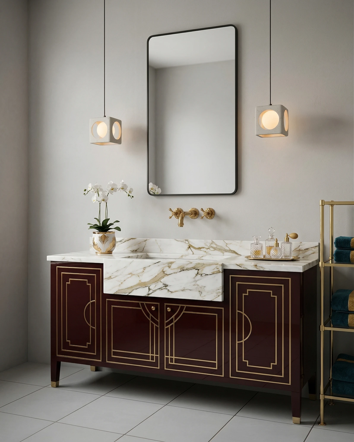 Two travertine pendant lights CUBA No.02 lit either side of a mirror above a marble-topped bathroom vanity
