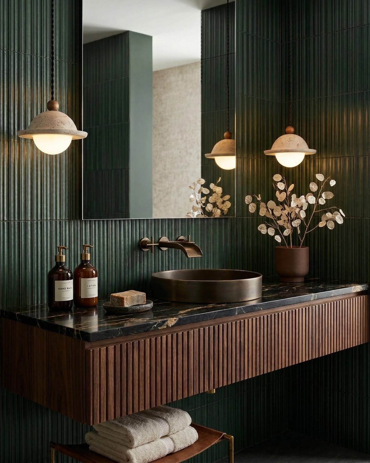Travertine pendant light SOVA No.01, two lit saucer pendants flanking a mirror on a green fluted wall over a walnut vanity