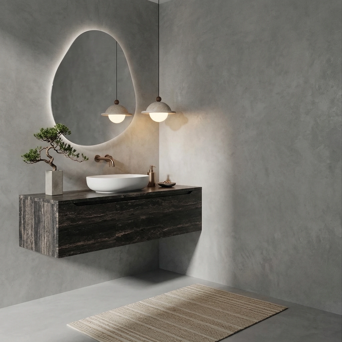 Travertine pendant light SOVA No.01, a lit pair beside an organic mirror above a dark stone floating vanity