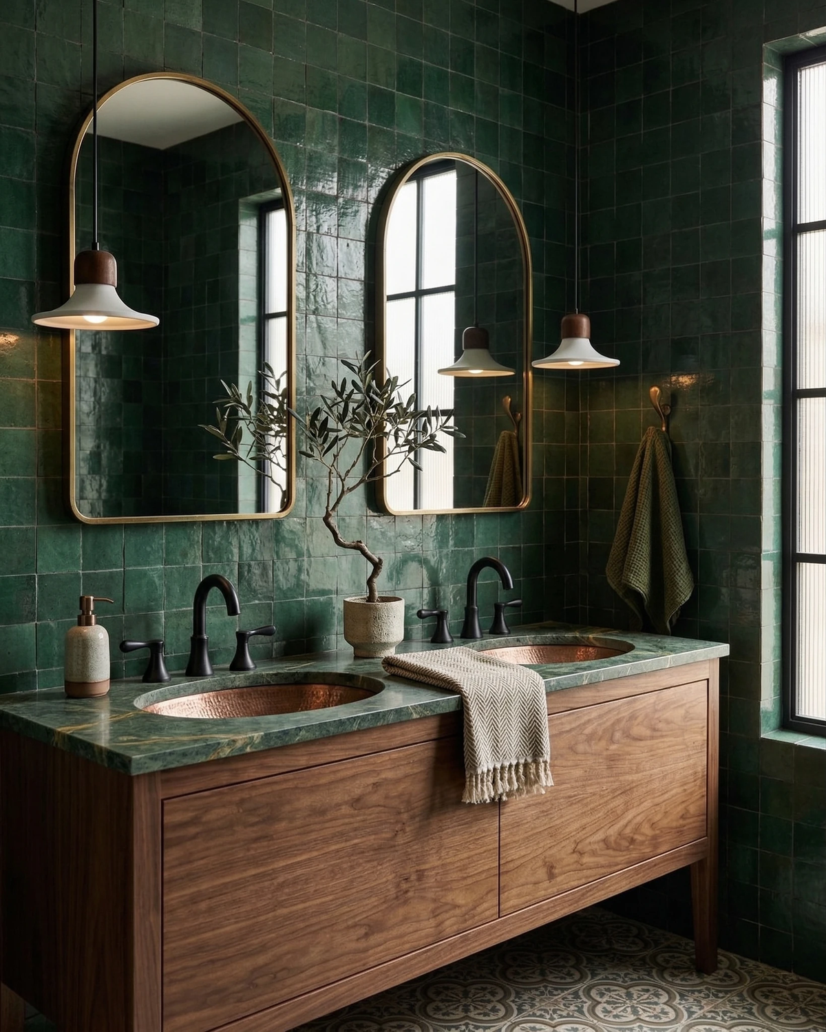 Two travertine pendant lights SOVA No.03 hanging beside arched mirrors above a walnut vanity with green tiles