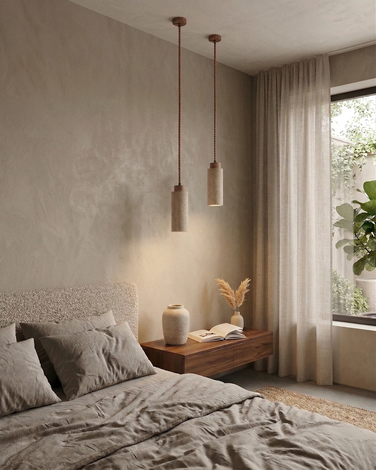 Pair of travertine pendant lights CORTO No.03 in cream hanging lit over a walnut nightstand beside a bed