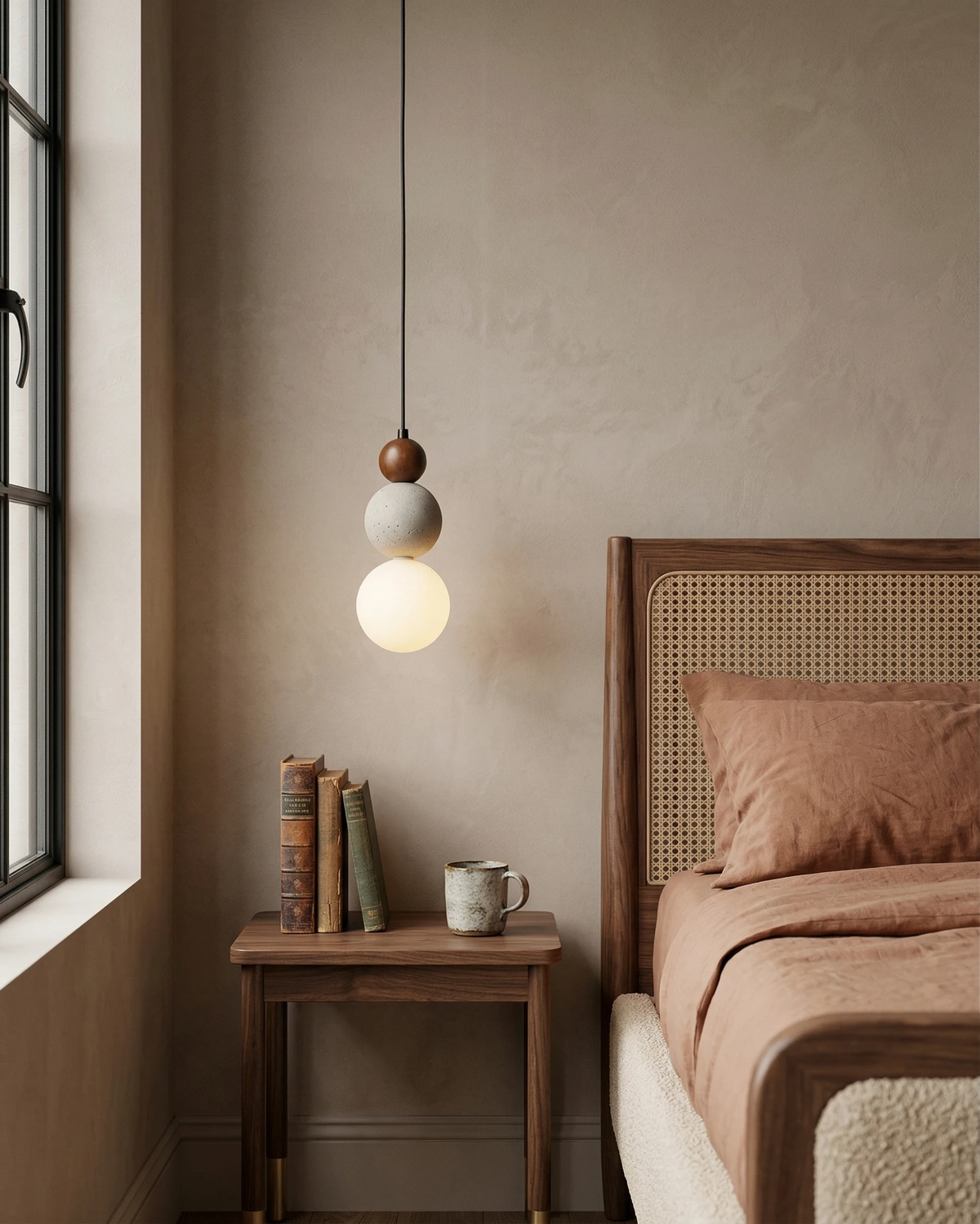 Travertine pendant light DOMUS No.04 lit next to a rattan bed with a wood nightstand and pink bedding