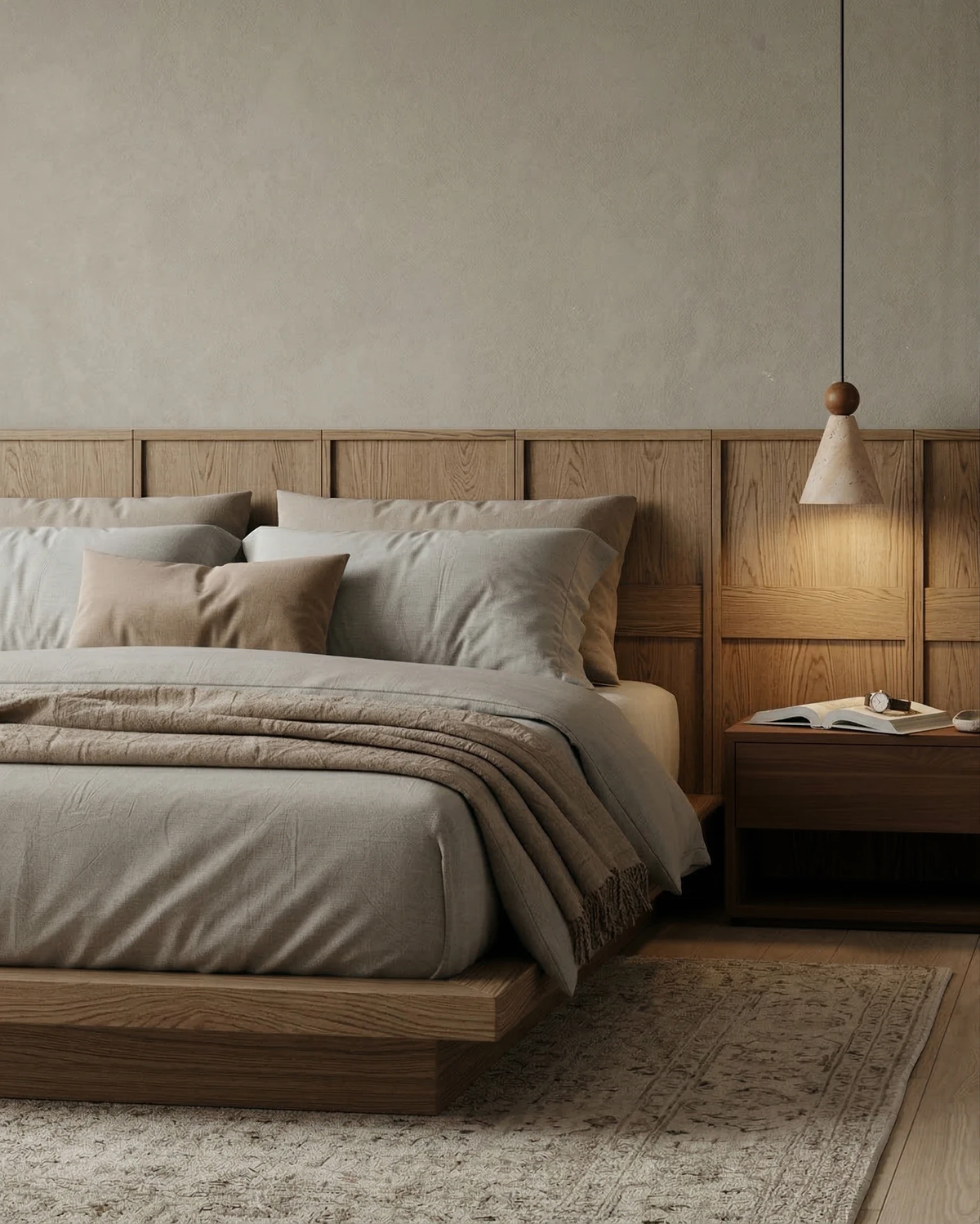 Travertine pendant light PIRA No.01 cone lit beside a bed with a wood paneled headboard and nightstand